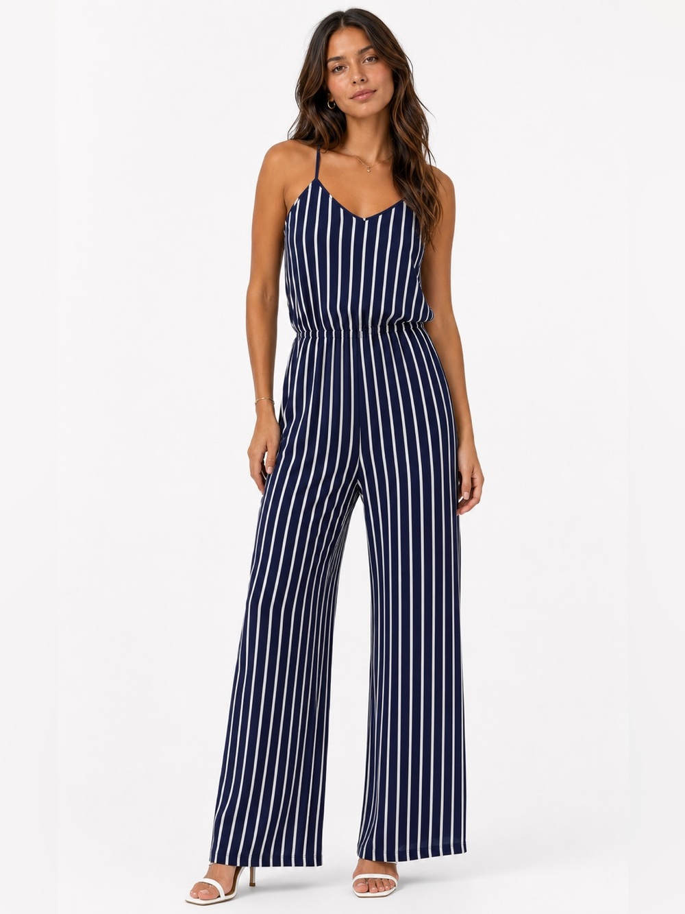 Women’s Spaghetti Strap Jumpsuit in Navy/White Stripe Sz M